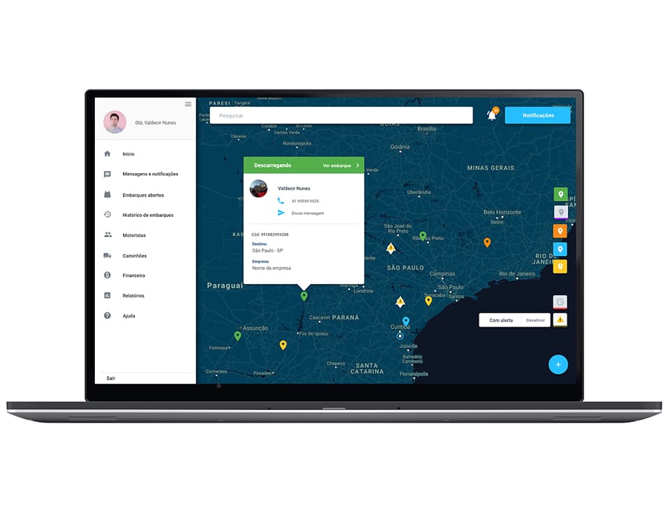 Dashboard de gestores: mapa com posição da frota e status dos embarques