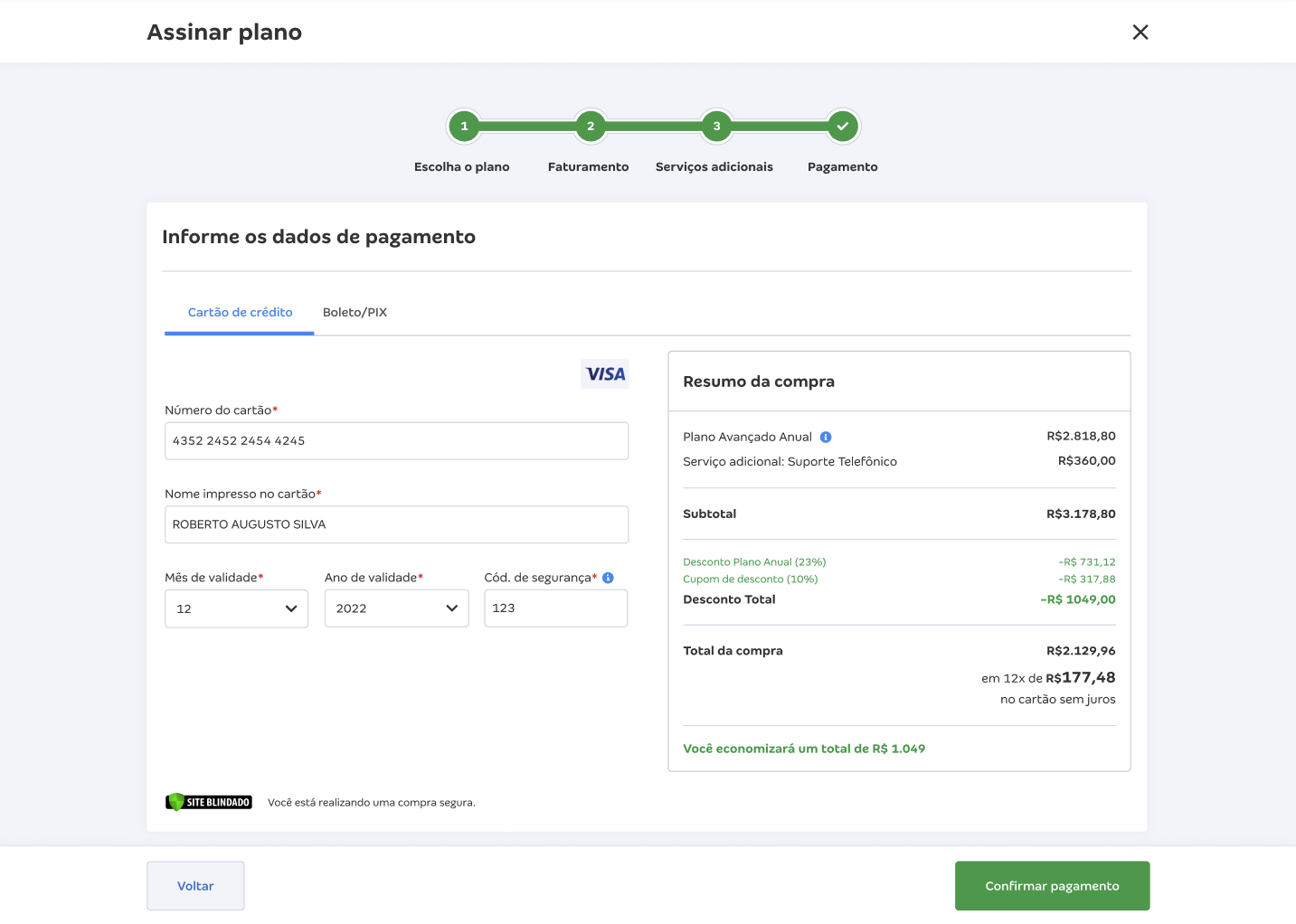 Etapa de pagamento — selo 'Compra segura', desconto explícito e botões maiores