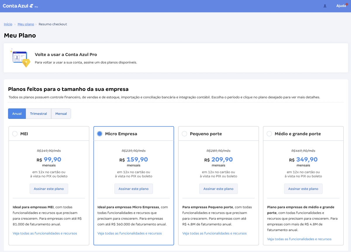 Tela de planos antes — ênfase na extensão de trial