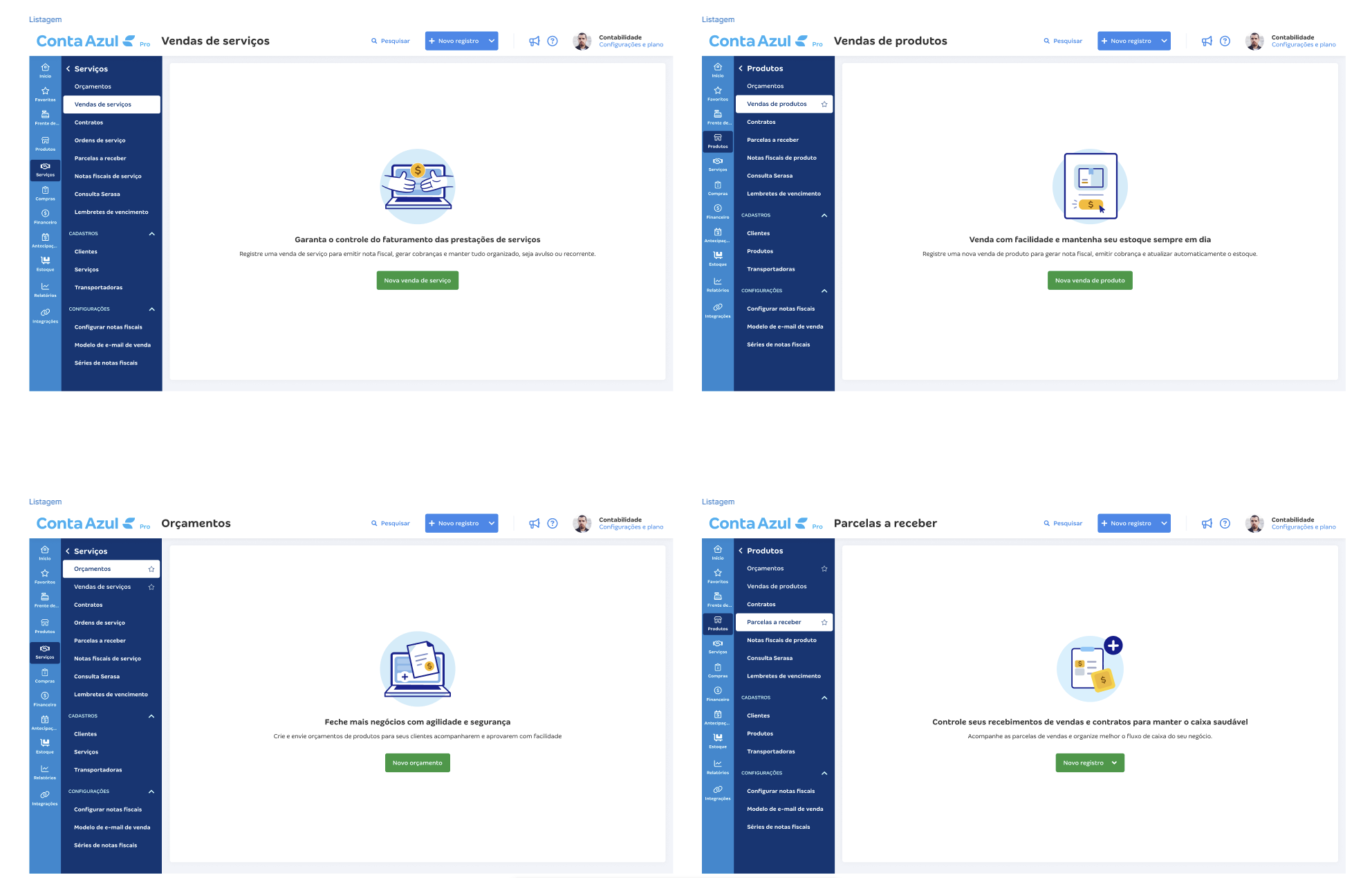 Estados vazios — visão geral de todos os redesigns