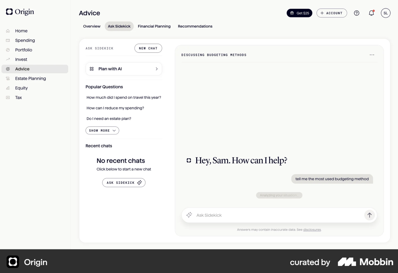 Referência de chat de IA financeiro (Origin)