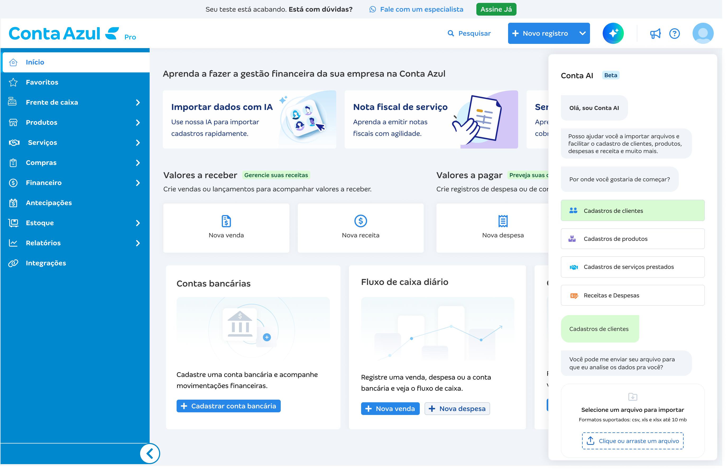 Ponto de entrada do fluxo: card de importação com IA na home
