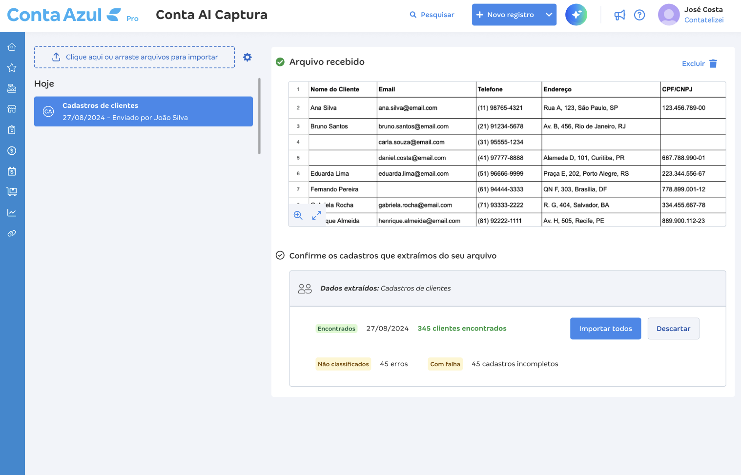 Tela de revisão: dados extraídos da planilha com confirmação antes de importar