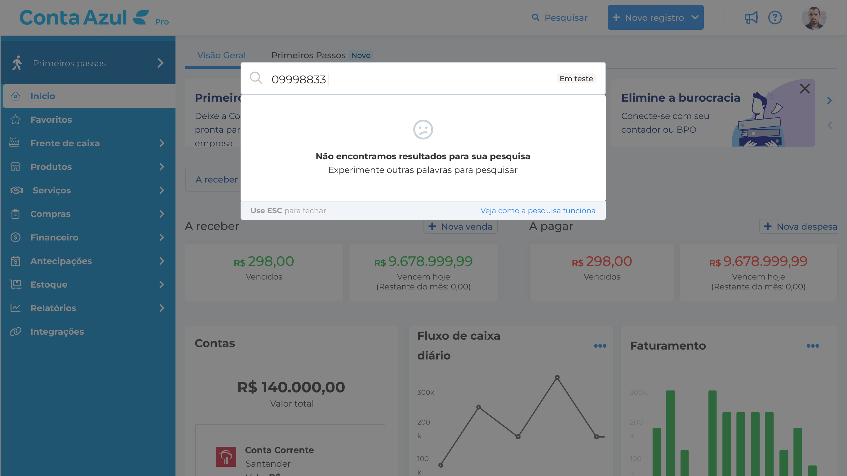 Estado de resultado não encontrado: a busca não acha o termo digitado e sugere um caminho alternativo