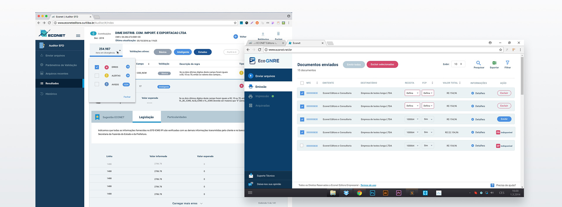Dashboards do Auditor EFD em desktop e mobile