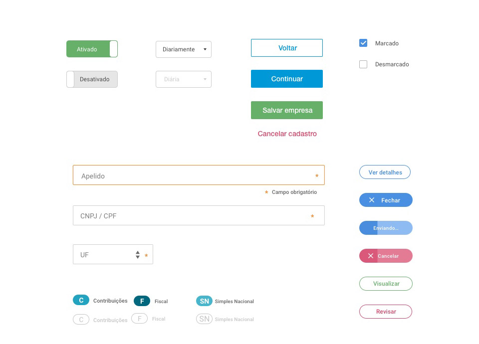 Componentes do design pattern: botões, toggles, dropdowns e estados de interação