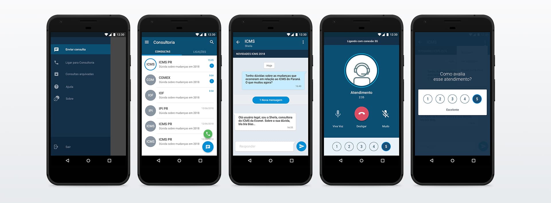 Fluxo mobile de consultoria: menu simplificado, lista de consultas e atendimento