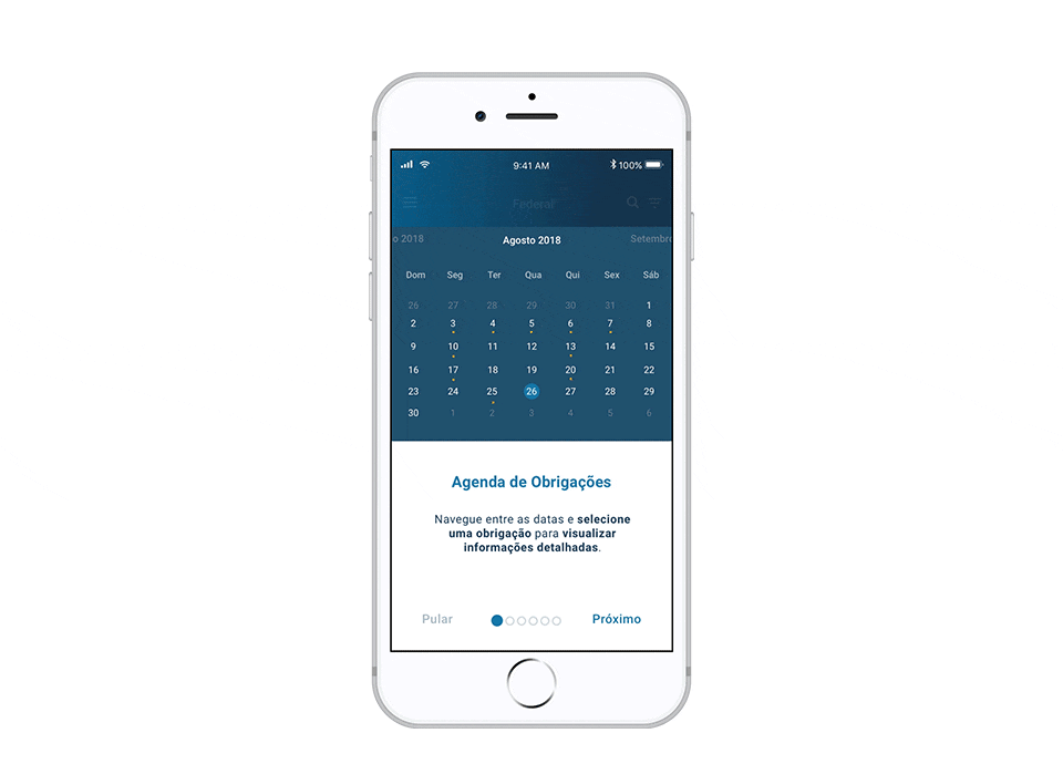 Onboarding mobile com agenda de obrigações fiscais