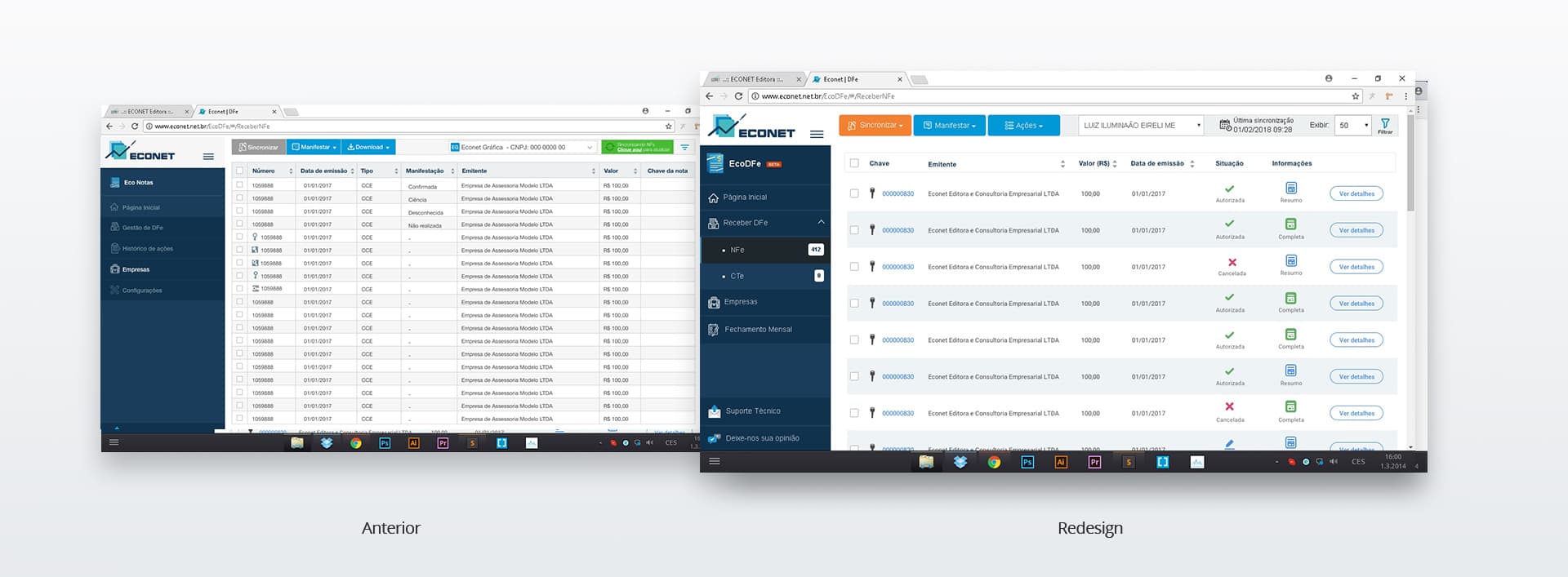 EcoDFe: antes e depois do redesign da listagem de notas fiscais