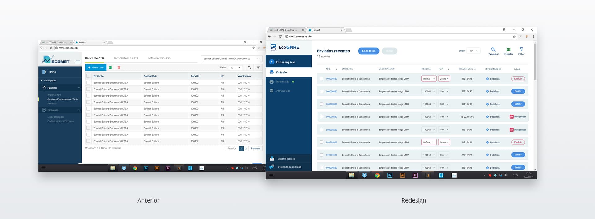 EcoGNRE: antes e depois do redesign da listagem de guias