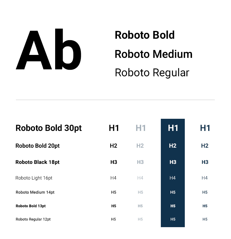 Escala tipográfica em Roboto, com pesos e hierarquia definidos