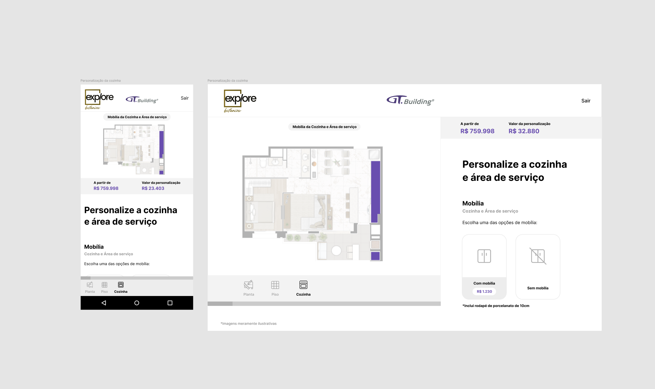 Etapa de personalização: mobília e acabamentos por ambiente, com valor atualizado em tempo real