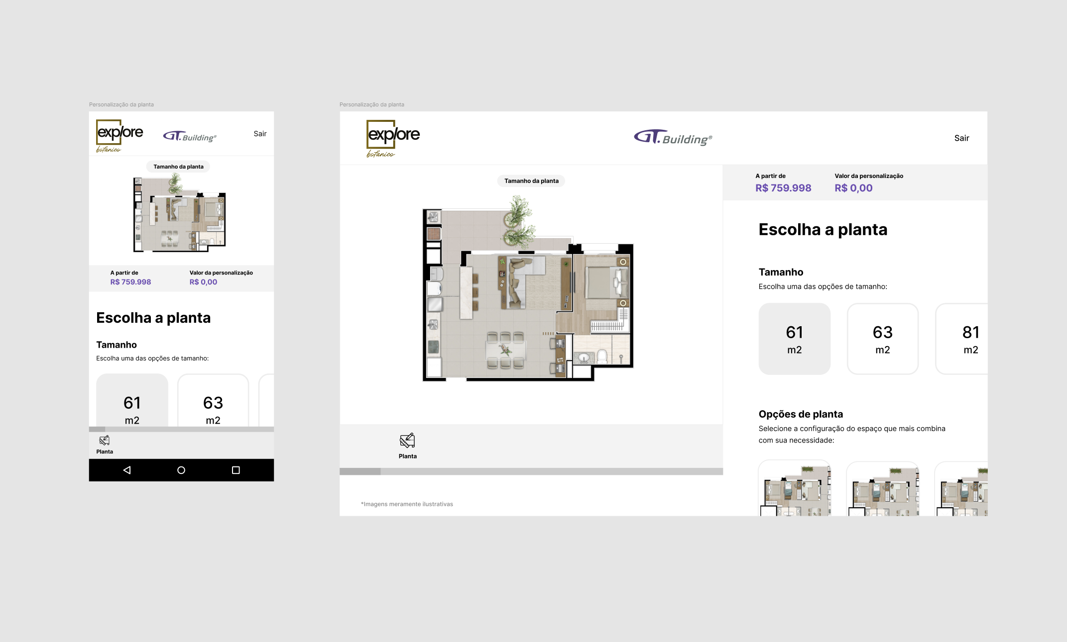 Etapa de personalização: escolha do tamanho e da planta do apartamento