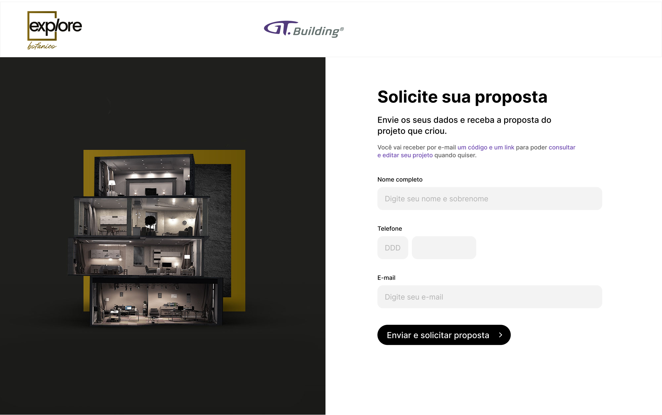 Formulário final com geração de código e link por e-mail para retomar a configuração